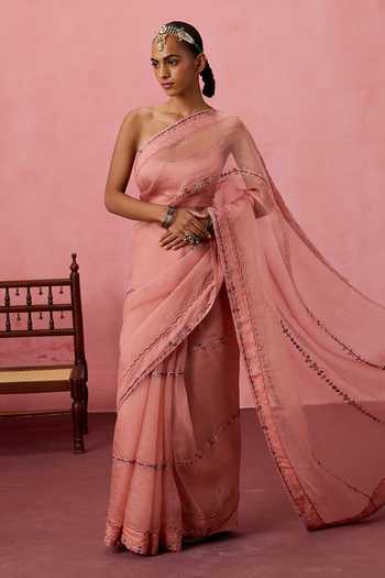 Buy_Janki India_Peach Organza, Chanderi Embroidered Saree With Unstitched Blouse Piece _Online_at_Aza_Fashions