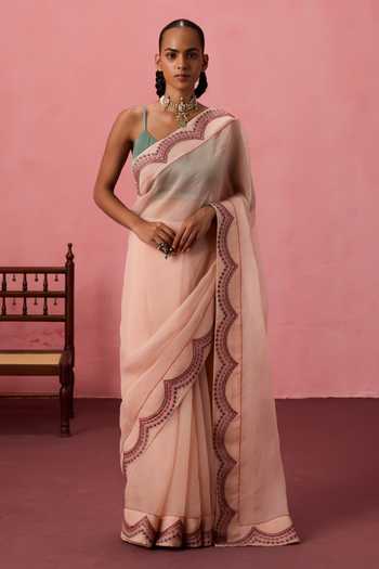 Janki India Scallop Border Embroidered Saree With Unstitched Blouse Piece 