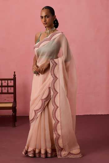 Janki India_Peach Organza, Scallop Border Embroidered Saree With Unstitched Blouse Piece _Online_at_Aza_Fashions