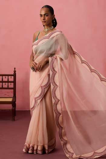 Janki India Scallop Border Embroidered Saree With Unstitched Blouse Piece 