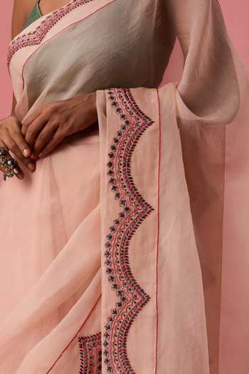 Buy_Janki India_Peach Organza, Scallop Border Embroidered Saree With Unstitched Blouse Piece _Online_at_Aza_Fashions