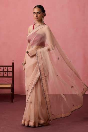 Janki India_Peach Organza, Chanderi Buti Embroidered Saree With Unstitched Blouse Piece _Online_at_Aza_Fashions