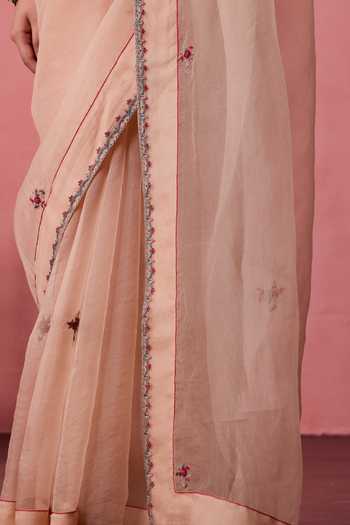 Buy_Janki India_Peach Organza, Chanderi Buti Embroidered Saree With Unstitched Blouse Piece _Online_at_Aza_Fashions