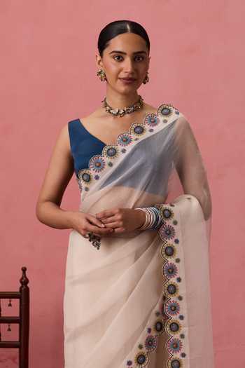 Janki India_Ivory Organza, Chanderi Border Embroidered Saree With Unstitched Blouse Piece _Online_at_Aza_Fashions