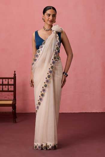 Buy_Janki India_Ivory Organza, Chanderi Border Embroidered Saree With Unstitched Blouse Piece _Online_at_Aza_Fashions