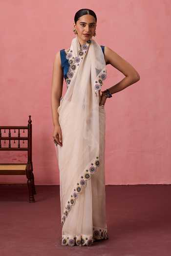 Shop_Janki India_Ivory Organza, Chanderi Border Embroidered Saree With Unstitched Blouse Piece _Online_at_Aza_Fashions