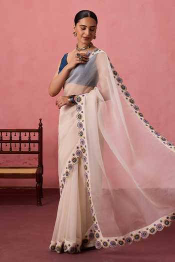 Janki India_Ivory Organza, Chanderi Border Embroidered Saree With Unstitched Blouse Piece _at_Aza_Fashions