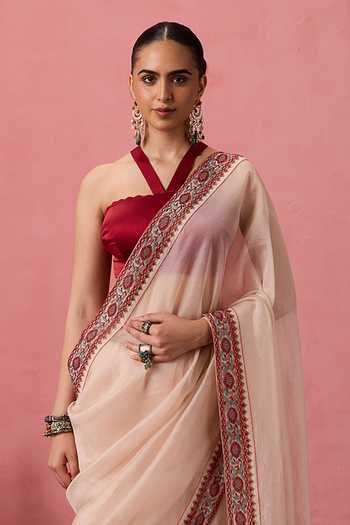 Janki India_Beige Organza, Chanderi Cutwork Border Embroidered Saree With Unstitched Blouse _Online_at_Aza_Fashions