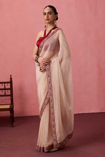 Buy_Janki India_Beige Organza, Chanderi Cutwork Border Embroidered Saree With Unstitched Blouse _Online_at_Aza_Fashions