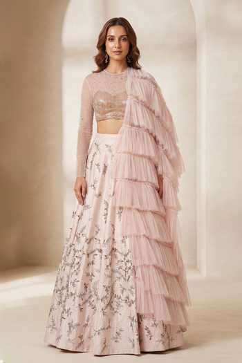 Mani Bhatia Cutdana embroidered Blouse & Lehenga Set With Ruffle Dupatta 