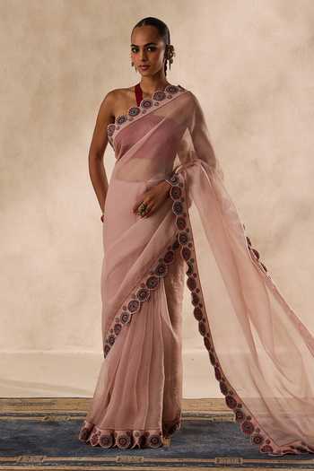 Shop Janki India Rose Gold Organza, Cutwork Embroidered Saree With Unstitched Blouse Piece Online at Aza Fashions Shop_Janki India_Rose Gold Organza, Cutwork Embroidered Saree With Unstitched Blouse Piece _Online_at_Aza_Fashions