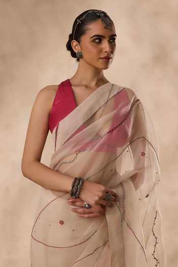 Janki India_Ivory Organza, Chanderi Embroidered Saree With Unstitched Blouse Piece _Online_at_Aza_Fashions