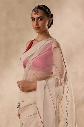 Buy_Janki India_Ivory Organza, Chanderi Embroidered Saree With Unstitched Blouse Piece _Online_at_Aza_Fashions