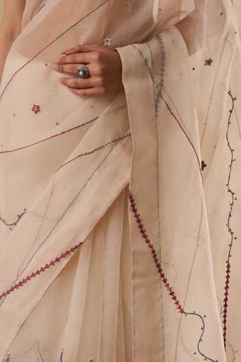 Shop_Janki India_Ivory Organza, Chanderi Embroidered Saree With Unstitched Blouse Piece _Online_at_Aza_Fashions