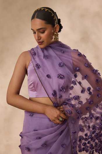 Janki India Purple Organza, Flower Bead Embroidered Saree With Unstitched Blouse Piece Online at Aza Fashions Janki India_Purple Organza, Flower Bead Embroidered Saree With Unstitched Blouse Piece _Online_at_Aza_Fashions