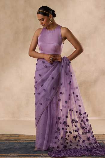Buy Janki India Purple Organza, Flower Bead Embroidered Saree With Unstitched Blouse Piece Online at Aza Fashions Buy_Janki India_Purple Organza, Flower Bead Embroidered Saree With Unstitched Blouse Piece _Online_at_Aza_Fashions
