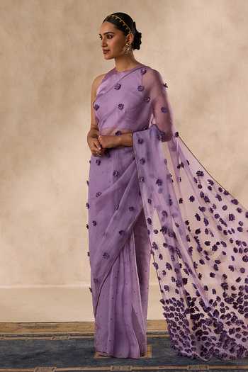 Janki India Purple Organza, Flower Bead Embroidered Saree With Unstitched Blouse Piece at Aza Fashions Janki India_Purple Organza, Flower Bead Embroidered Saree With Unstitched Blouse Piece _at_Aza_Fashions