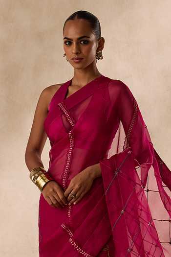 Janki India_Wine Organza, Chanderi Jaal Embroidered Saree With Unstitched Blouse Piece _Online_at_Aza_Fashions