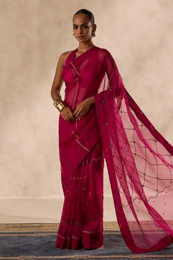 Buy_Janki India_Wine Organza, Chanderi Jaal Embroidered Saree With Unstitched Blouse Piece _Online_at_Aza_Fashions