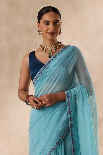 Buy Janki India Sky Blue Chanderi Embroidered Scalloped Saree With Unstitched Blouse Piece Online at Aza Fashions Buy_Janki India_Sky Blue Chanderi Embroidered Scalloped Saree With Unstitched Blouse Piece _Online_at_Aza_Fashions