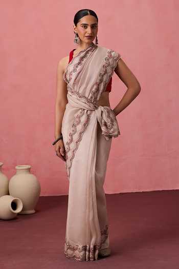 Janki India White Organza, Chanderi Scallop Bordered Saree With Unstitched Blouse Piece Online at Aza Fashions Janki India_White Organza, Chanderi Scallop Bordered Saree With Unstitched Blouse Piece _Online_at_Aza_Fashions