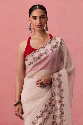 Buy Janki India White Organza, Chanderi Scallop Bordered Saree With Unstitched Blouse Piece Online at Aza Fashions Buy_Janki India_White Organza, Chanderi Scallop Bordered Saree With Unstitched Blouse Piece _Online_at_Aza_Fashions