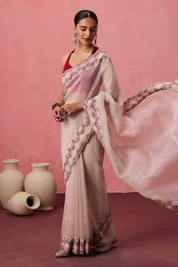 Shop Janki India White Organza, Chanderi Scallop Bordered Saree With Unstitched Blouse Piece Online at Aza Fashions Shop_Janki India_White Organza, Chanderi Scallop Bordered Saree With Unstitched Blouse Piece _Online_at_Aza_Fashions