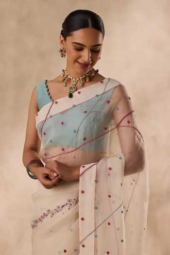Janki India_Ivory Organza, Chanderi French Knot Embroidered Saree And Unstitched Blouse Set _Online_at_Aza_Fashions
