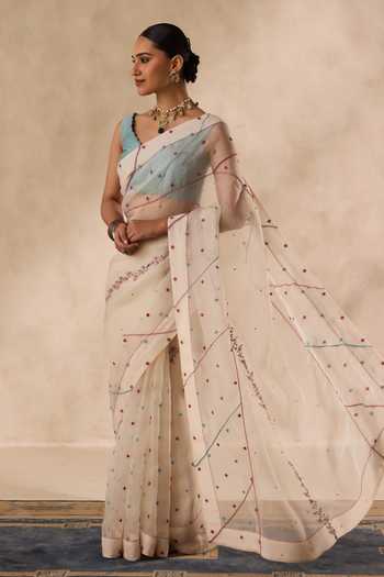 Buy_Janki India_Ivory Organza, Chanderi French Knot Embroidered Saree And Unstitched Blouse Set _Online_at_Aza_Fashions