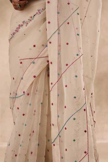 Shop_Janki India_Ivory Organza, Chanderi French Knot Embroidered Saree And Unstitched Blouse Set _Online_at_Aza_Fashions