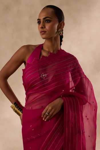 Janki India Wine Organza, Chanderi Embroidered Saree With Unstitched Blouse Piece Online at Aza Fashions Janki India_Wine Organza, Chanderi Embroidered Saree With Unstitched Blouse Piece _Online_at_Aza_Fashions