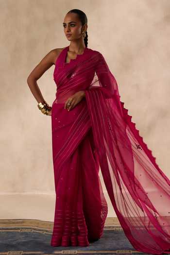 Buy Janki India Wine Organza, Chanderi Embroidered Saree With Unstitched Blouse Piece Online at Aza Fashions Buy_Janki India_Wine Organza, Chanderi Embroidered Saree With Unstitched Blouse Piece _Online_at_Aza_Fashions