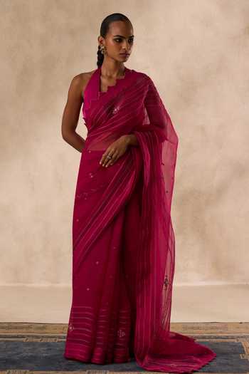 Shop Janki India Wine Organza, Chanderi Embroidered Saree With Unstitched Blouse Piece Online at Aza Fashions Shop_Janki India_Wine Organza, Chanderi Embroidered Saree With Unstitched Blouse Piece _Online_at_Aza_Fashions