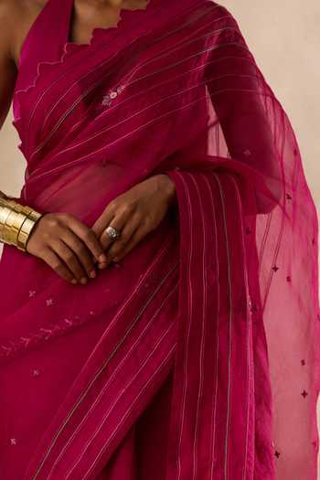 Janki India Wine Organza, Chanderi Embroidered Saree With Unstitched Blouse Piece at Aza Fashions Janki India_Wine Organza, Chanderi Embroidered Saree With Unstitched Blouse Piece _at_Aza_Fashions