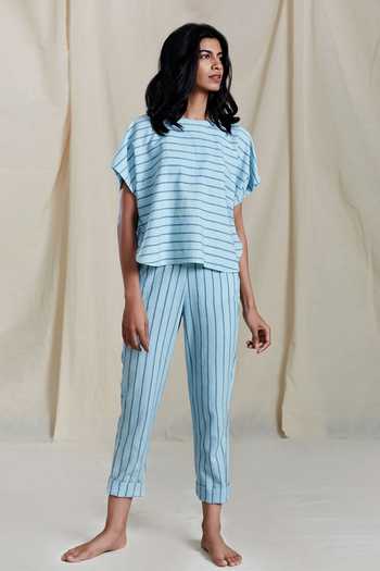 Buy MATI Blue Handloom Cotton Pants at Aza Fashions Buy_MATI_Blue Handloom Cotton Pants_at_Aza_Fashions