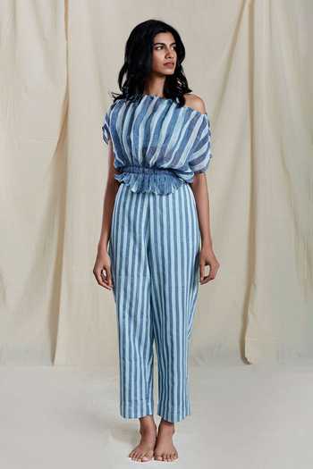 Buy MATI Blue Linen Striped Crop Top at Aza Fashions Buy_MATI_Blue Linen Striped Crop Top_at_Aza_Fashions