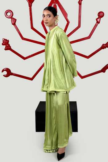 Shop Saim Green Chanderi, Satin, Jersey, Silk Round Neck Top And Lungi Skirt Set Online at Aza Fashions Shop_Saim_Green Chanderi, Satin, Jersey, Silk Round Neck Top And Lungi Skirt Set _Online_at_Aza_Fashions