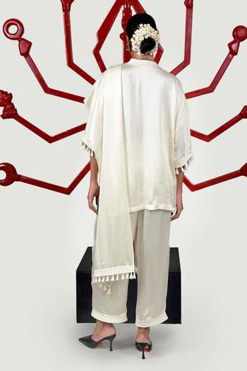 Shop Saim Off White Silk, Satin Mandarin Collar Gathered Draped Top And Trouser Set at Aza Fashions Shop_Saim_Off White Silk, Satin Mandarin Collar Gathered Draped Top And Trouser Set _at_Aza_Fashions