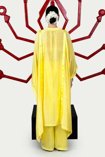 Shop Saim Yellow Chanderi, Satin, Silk Round Neck Tassel Work Kaftan And Pant Set at Aza Fashions Shop_Saim_Yellow Chanderi, Satin, Silk Round Neck Tassel Work Kaftan And Pant Set _at_Aza_Fashions