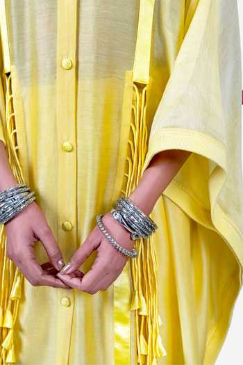 Shop Saim Yellow Chanderi, Satin, Silk Round Neck Tassel Work Kaftan And Pant Set Online at Aza Fashions Shop_Saim_Yellow Chanderi, Satin, Silk Round Neck Tassel Work Kaftan And Pant Set _Online_at_Aza_Fashions
