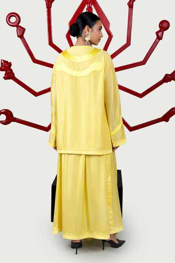 Shop Saim Yellow Chanderi, Satin, Silk, Patchwork Embroidered Kurta And Lungi Skirt Set at Aza Fashions Shop_Saim_Yellow Chanderi, Satin, Silk, Patchwork Embroidered Kurta And Lungi Skirt Set _at_Aza_Fashions