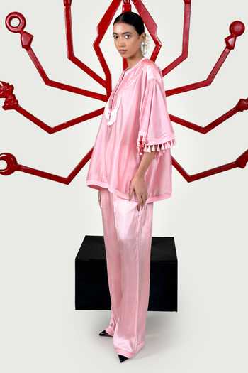 Saim Pink Chanderi, Satin, Silk Round Neck Patchwork Cape And Trouser Set Online at Aza Fashions Saim_Pink Chanderi, Satin, Silk Round Neck Patchwork Cape And Trouser Set _Online_at_Aza_Fashions