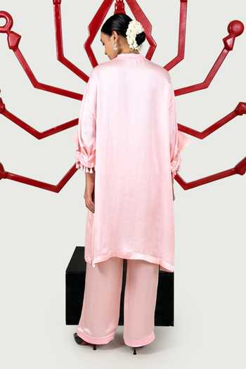 Shop Saim Pink Silk, Satin Mandarin Collar Kurta And Pant Set at Aza Fashions Shop_Saim_Pink Silk, Satin Mandarin Collar Kurta And Pant Set _at_Aza_Fashions
