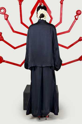 Shop Saim Black Silk, Satin, Jersey Collared Neck Cord Bow Top And Godet Skirt Set at Aza Fashions Shop_Saim_Black Silk, Satin, Jersey Collared Neck Cord Bow Top And Godet Skirt Set _at_Aza_Fashions
