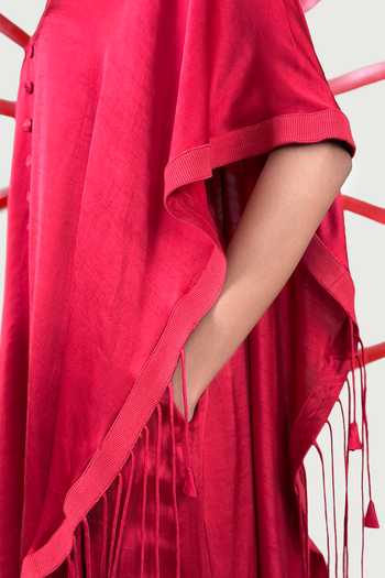 Shop Saim Red Silk, Satin V-neck Kaftan And Pant Set Online at Aza Fashions Shop_Saim_Red Silk, Satin V-neck Kaftan And Pant Set _Online_at_Aza_Fashions