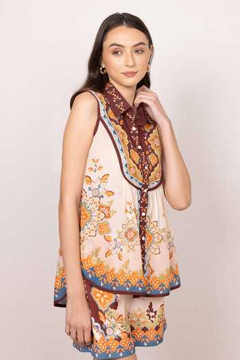 RANNA GILL_Multi Color Voile Button-down Neck Kai Yoke Tapestry Print Top _Online_at_Aza_Fashions