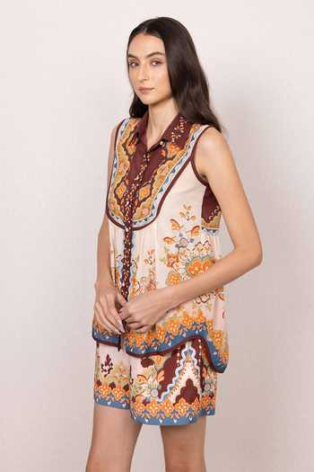 Buy_RANNA GILL_Multi Color Voile Button-down Neck Kai Yoke Tapestry Print Top _Online_at_Aza_Fashions