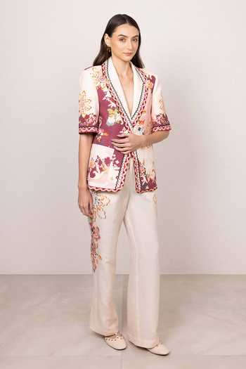 RANNA GILL_Multi Color Linen, Viscose V-neck Kiara Tapestry Print Half Sleeve Jacket _Online_at_Aza_Fashions