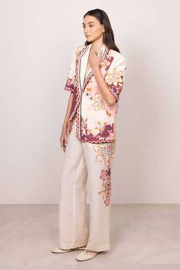 Buy_RANNA GILL_Multi Color Linen, Viscose V-neck Kiara Tapestry Print Half Sleeve Jacket _Online_at_Aza_Fashions
