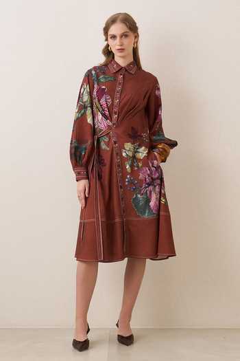 Buy_RANNA GILL_Brown Tencel, Twill Collared Neck, Hollis Flower Print Wrap Tie Midi Dress _Online_at_Aza_Fashions